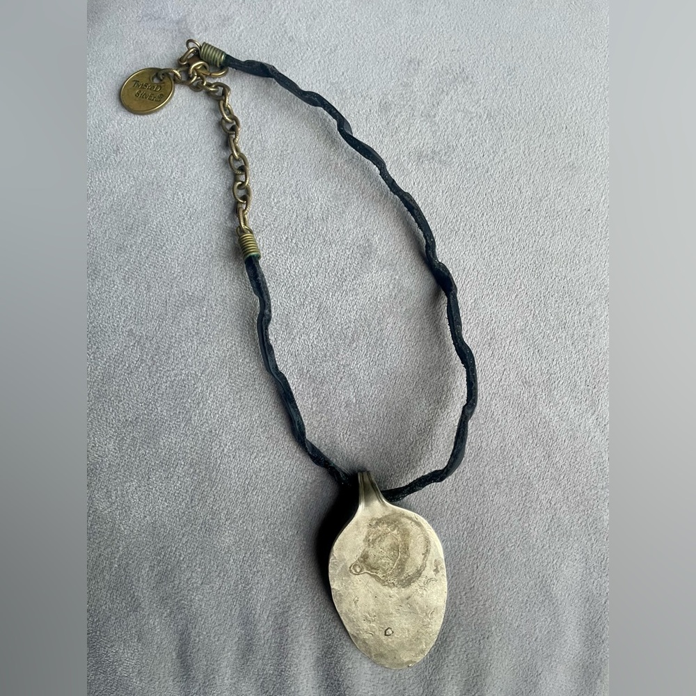 Twisted Silver made-black leather chord and brass spoon necklace